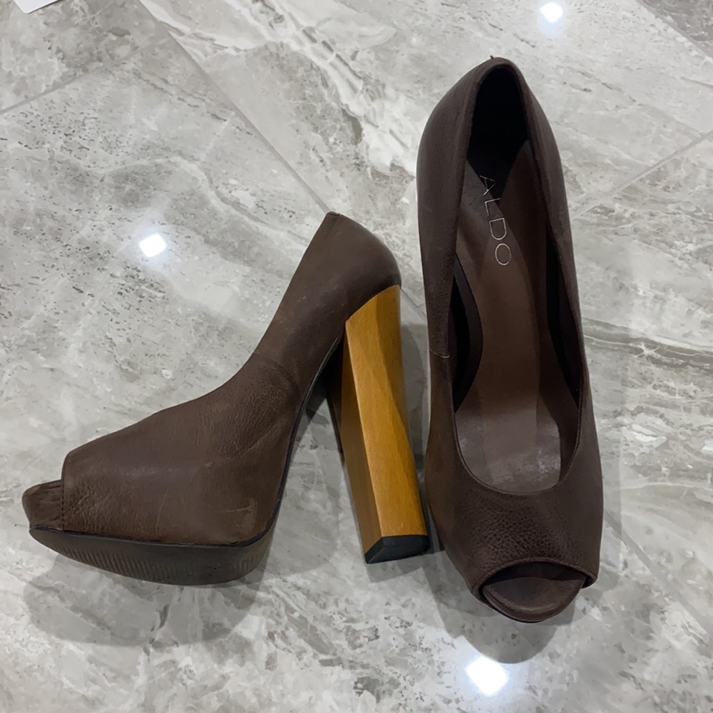 ALDO Brown Leather Platform Peep-Toe Pumps with Wooden Block Heel